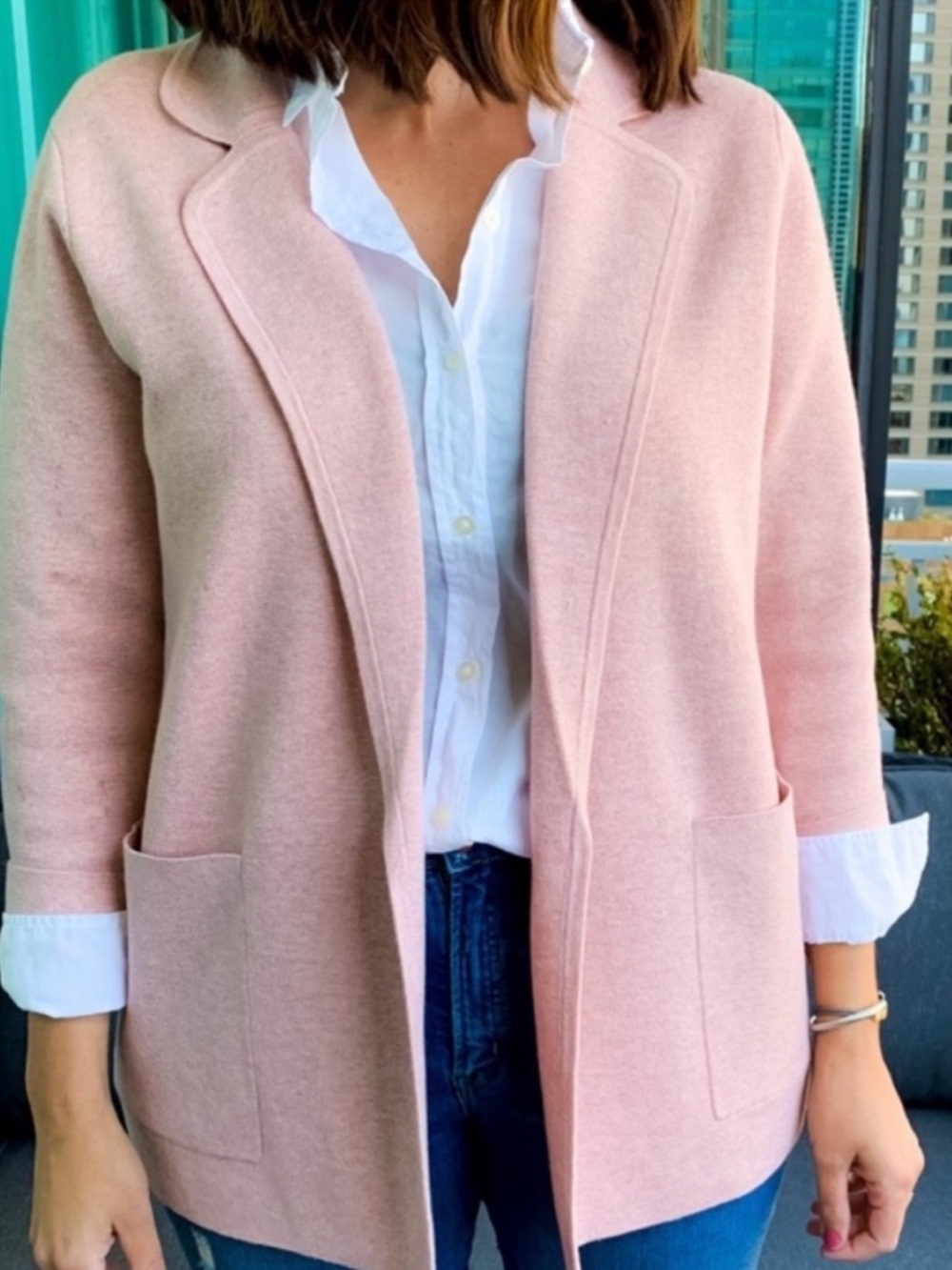 J.Crew Sophie Open-Front Collegiate Preppy Sweater-Blazer Heather Pink Large